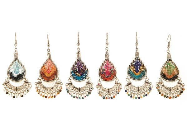 Thread Beaded Teardrop Short Fan Metal Dangle Earrings