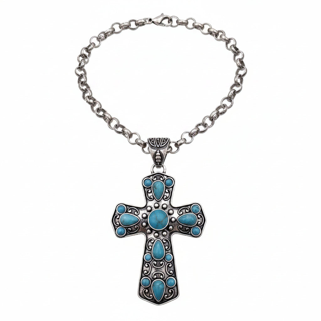 Cabochon Stone Cross Pendant Necklace Earrings Set