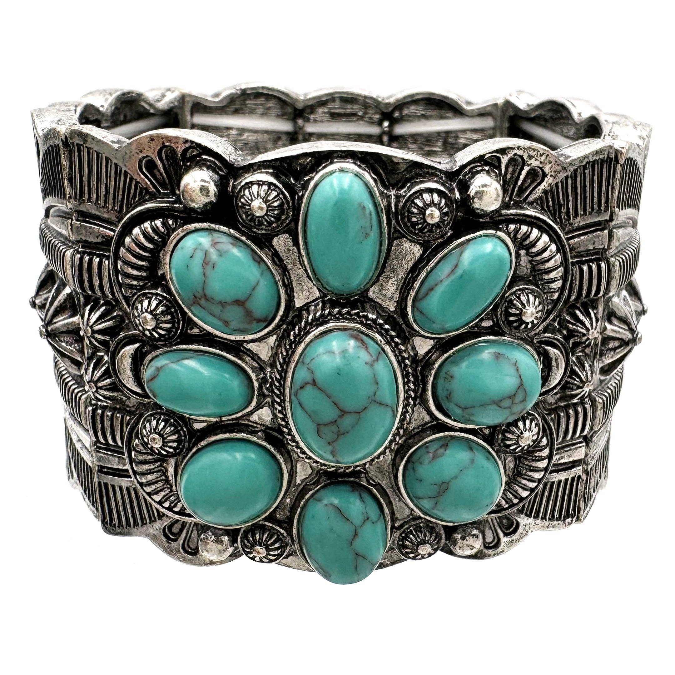 Turquoise Stone Large Metal Chunky Stretch Bracelet