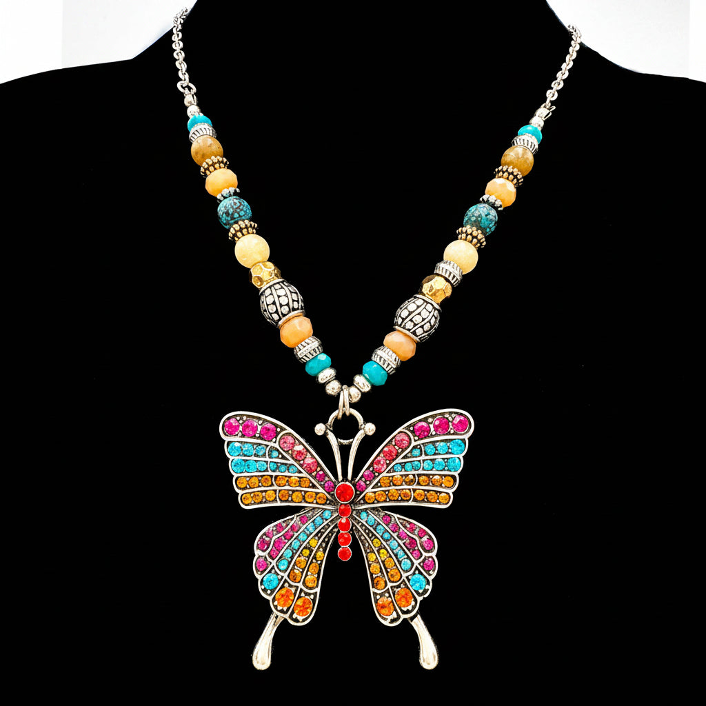 Colorful Butterfly Pendant Beaded Necklace Earrings Set