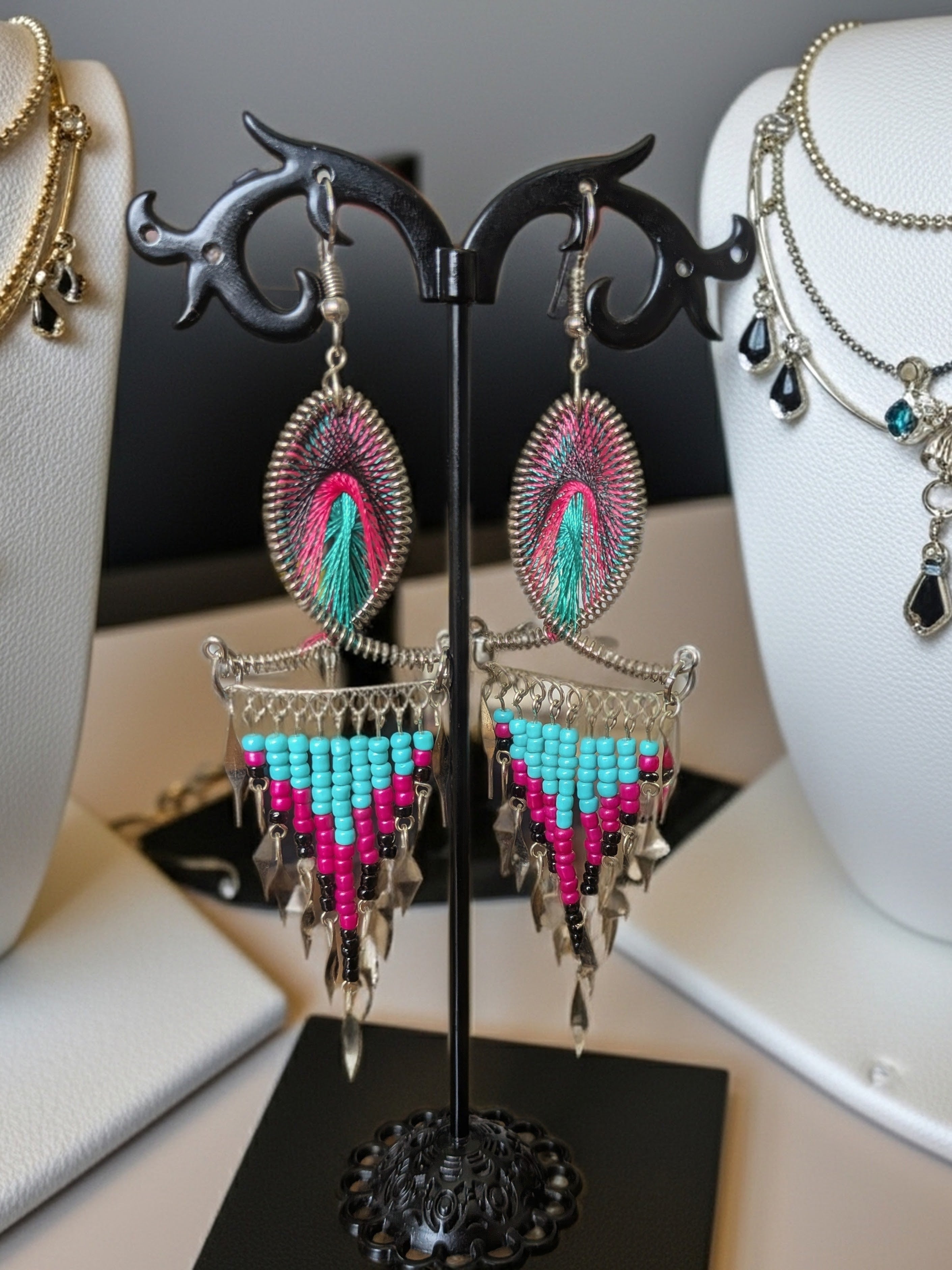Large Threaded Long Beaded Metal Dangle Earrings