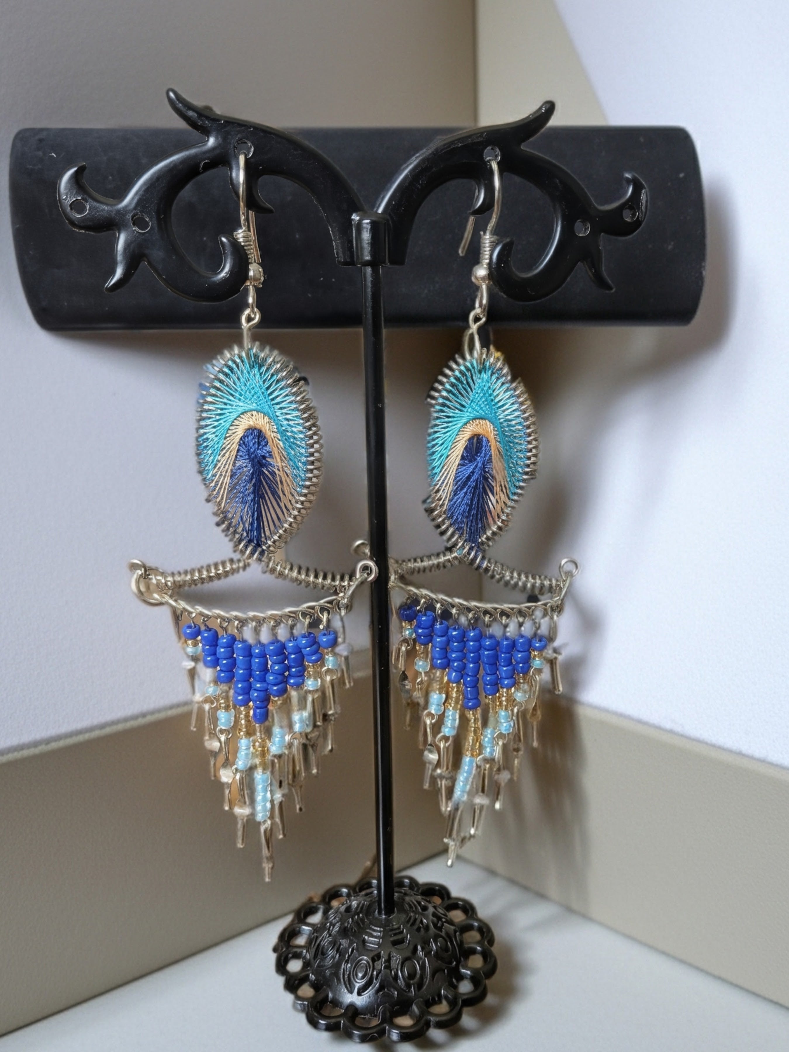 Large Threaded Long Beaded Metal Dangle Earrings
