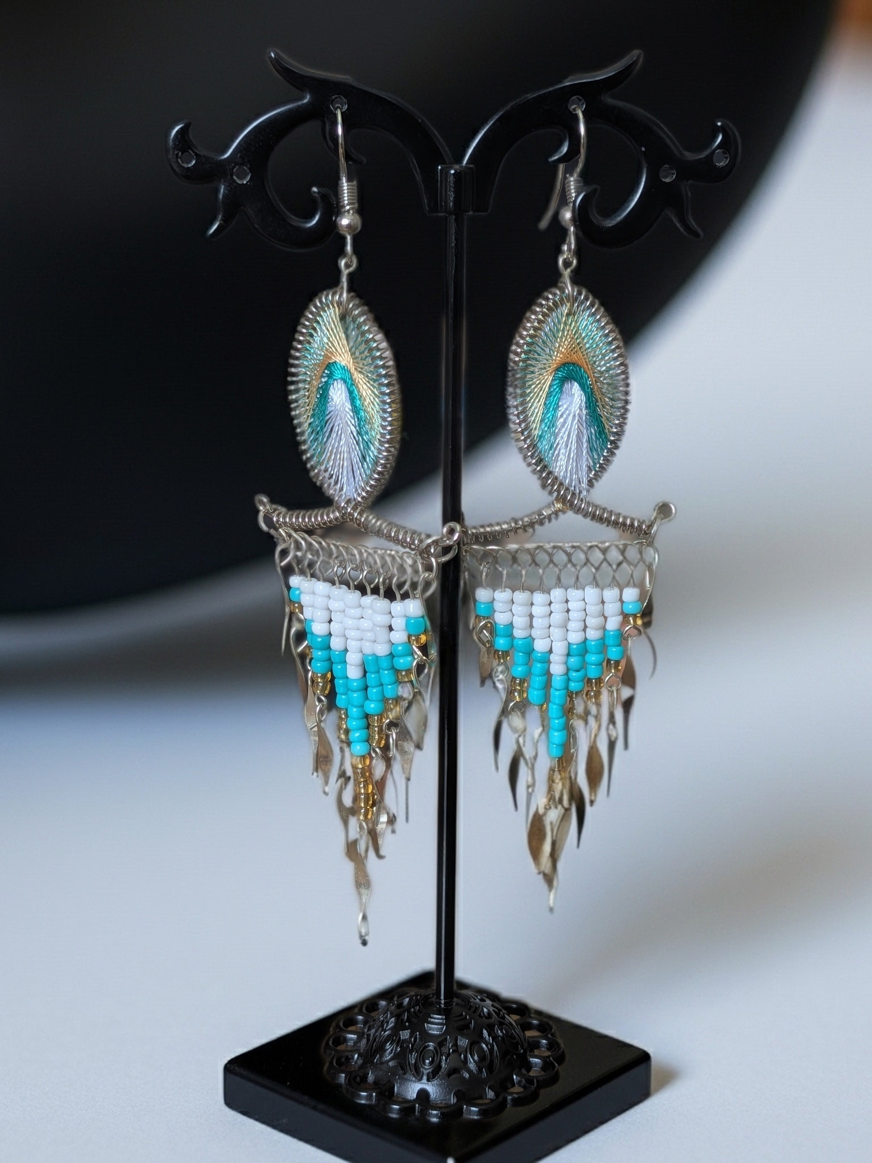 Large Threaded Long Beaded Metal Dangle Earrings