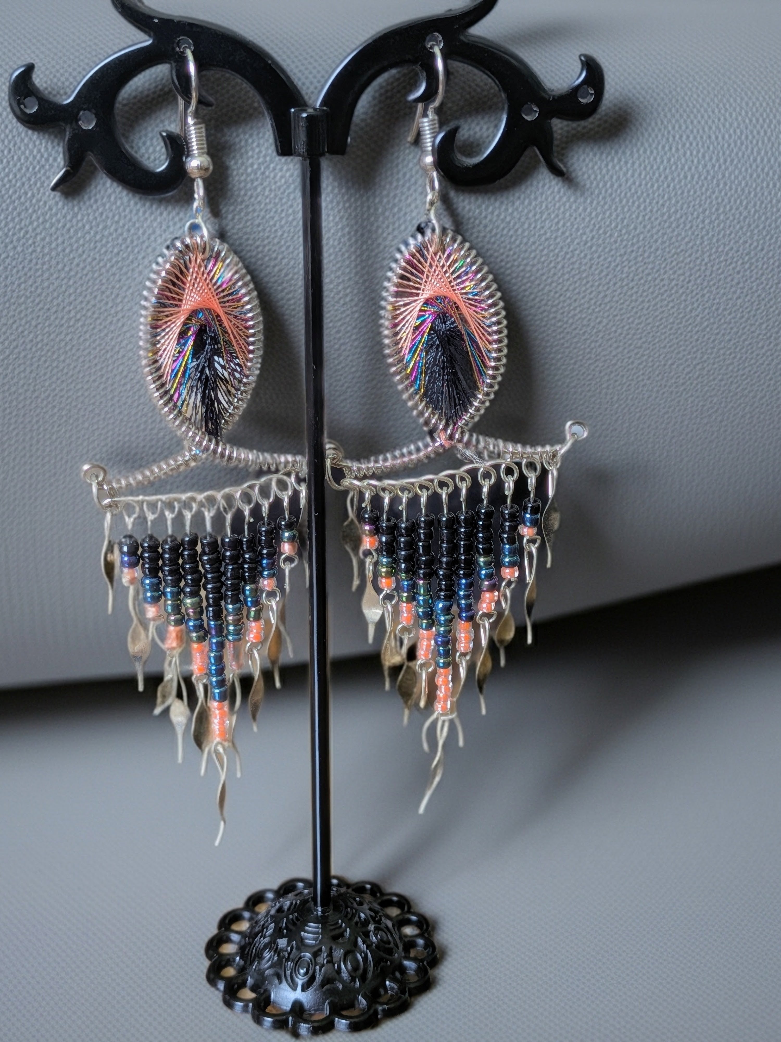 Large Threaded Long Beaded Metal Dangle Earrings