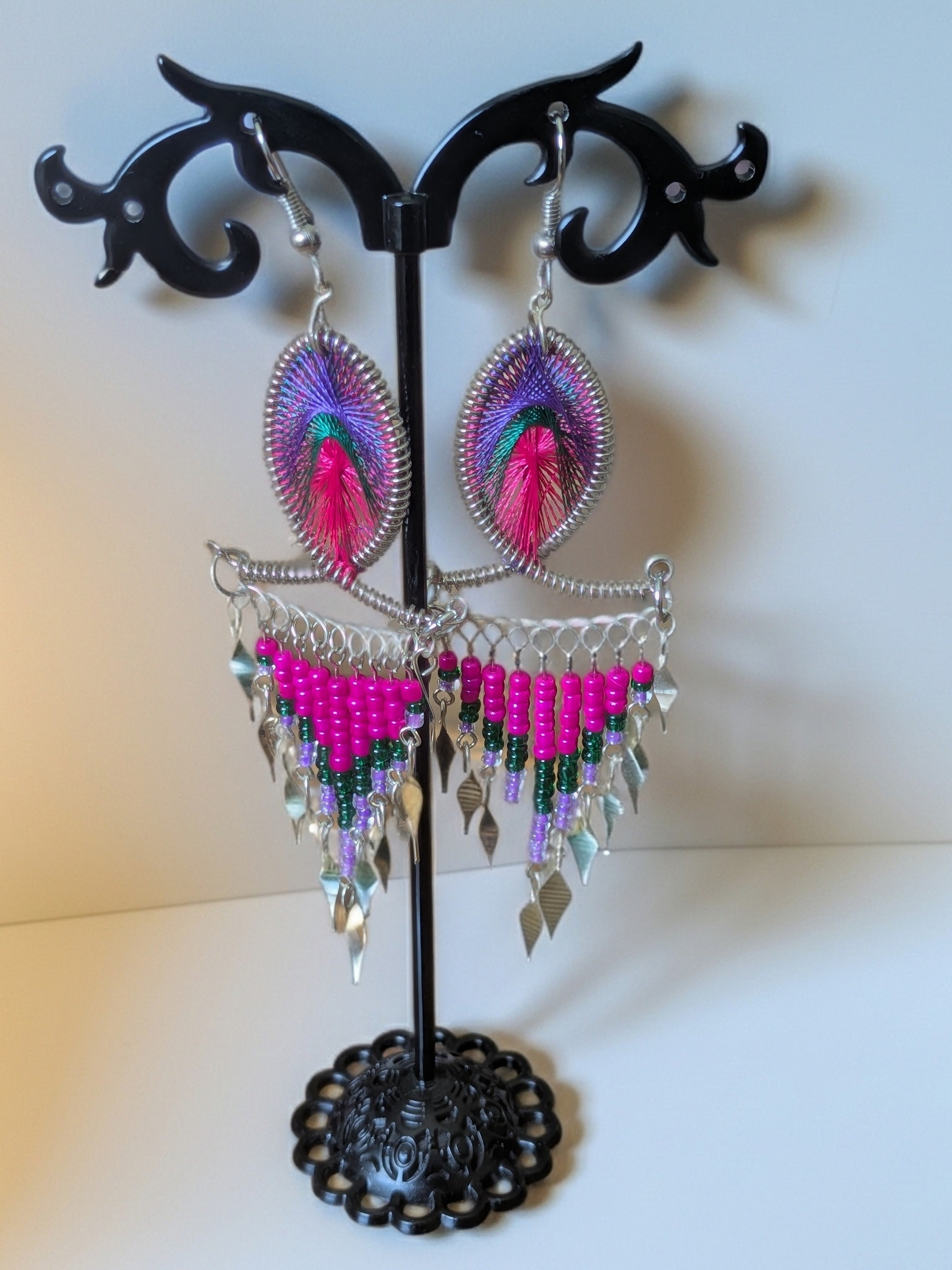 Large Threaded Long Beaded Metal Dangle Earrings