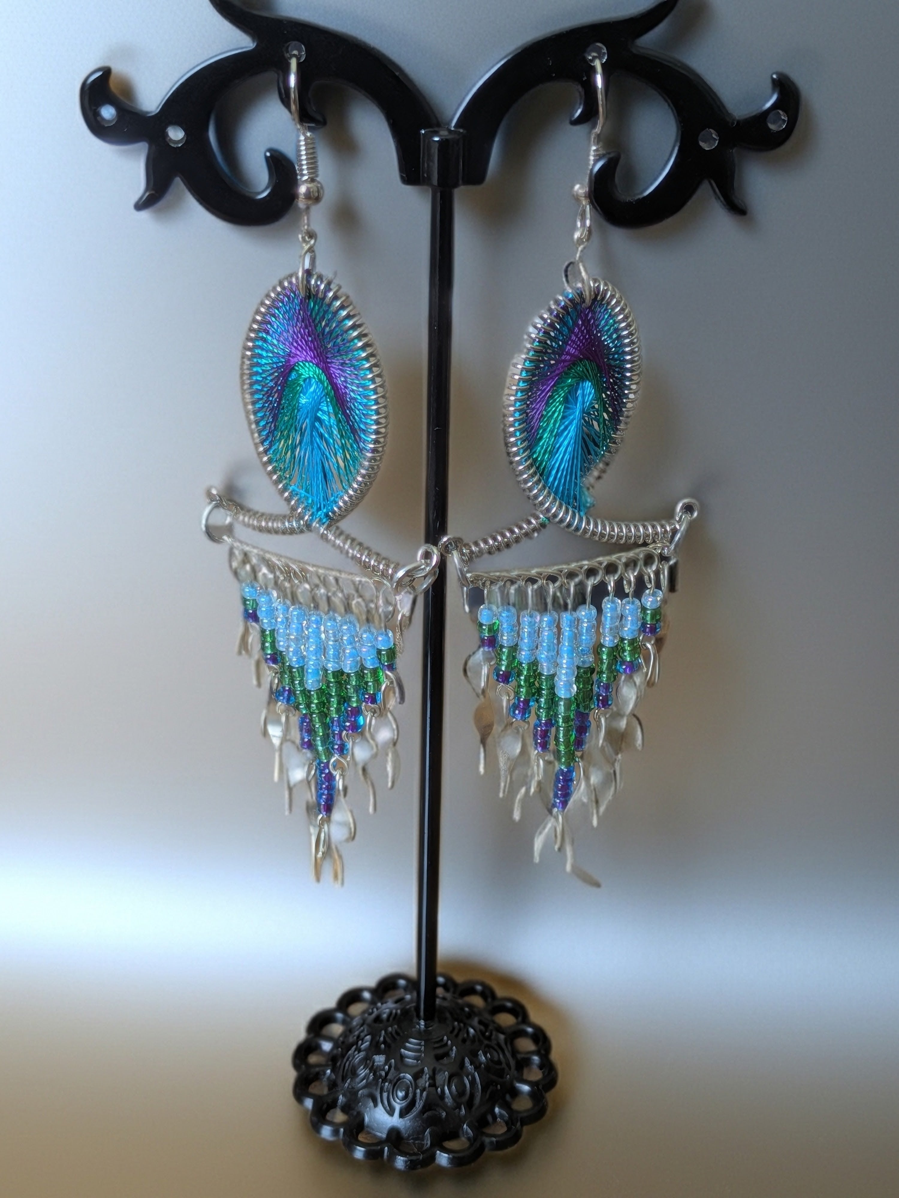 Large Threaded Long Beaded Metal Dangle Earrings