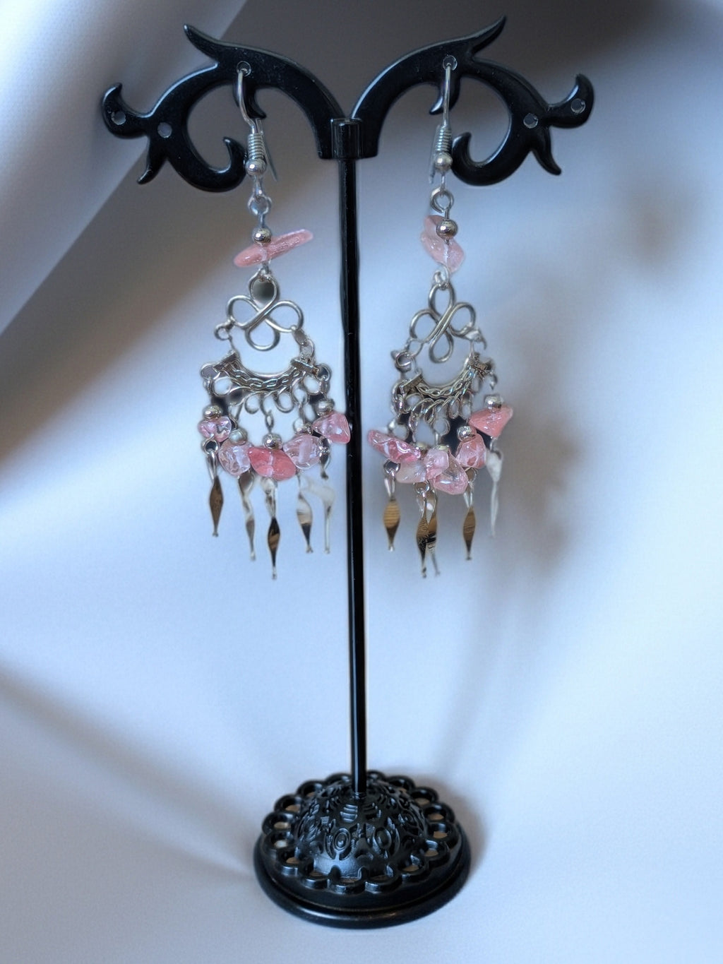 Chip Stone and Silver Metal Chandelier Earrings