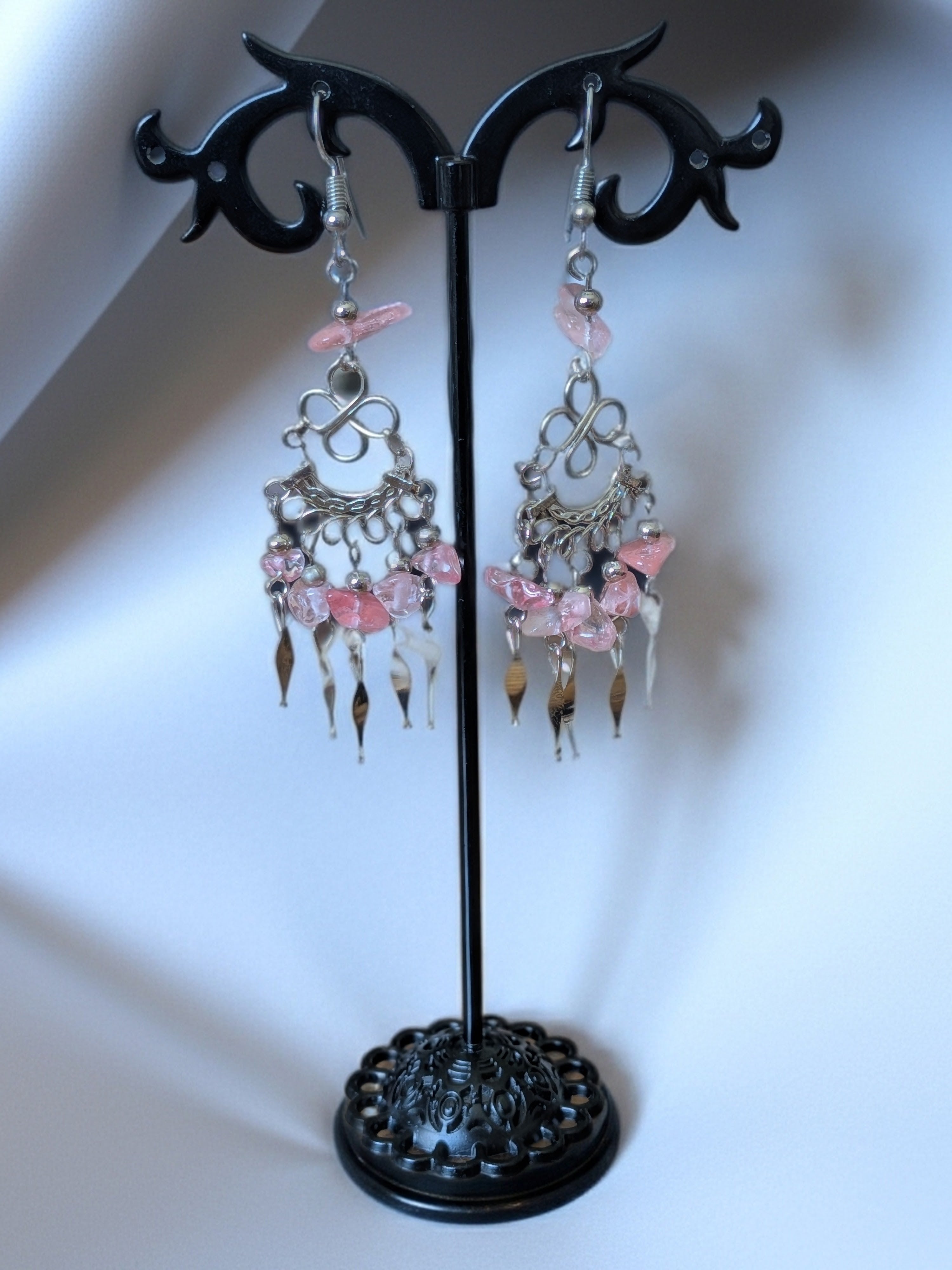 Chip Stone and Silver Metal Chandelier Earrings