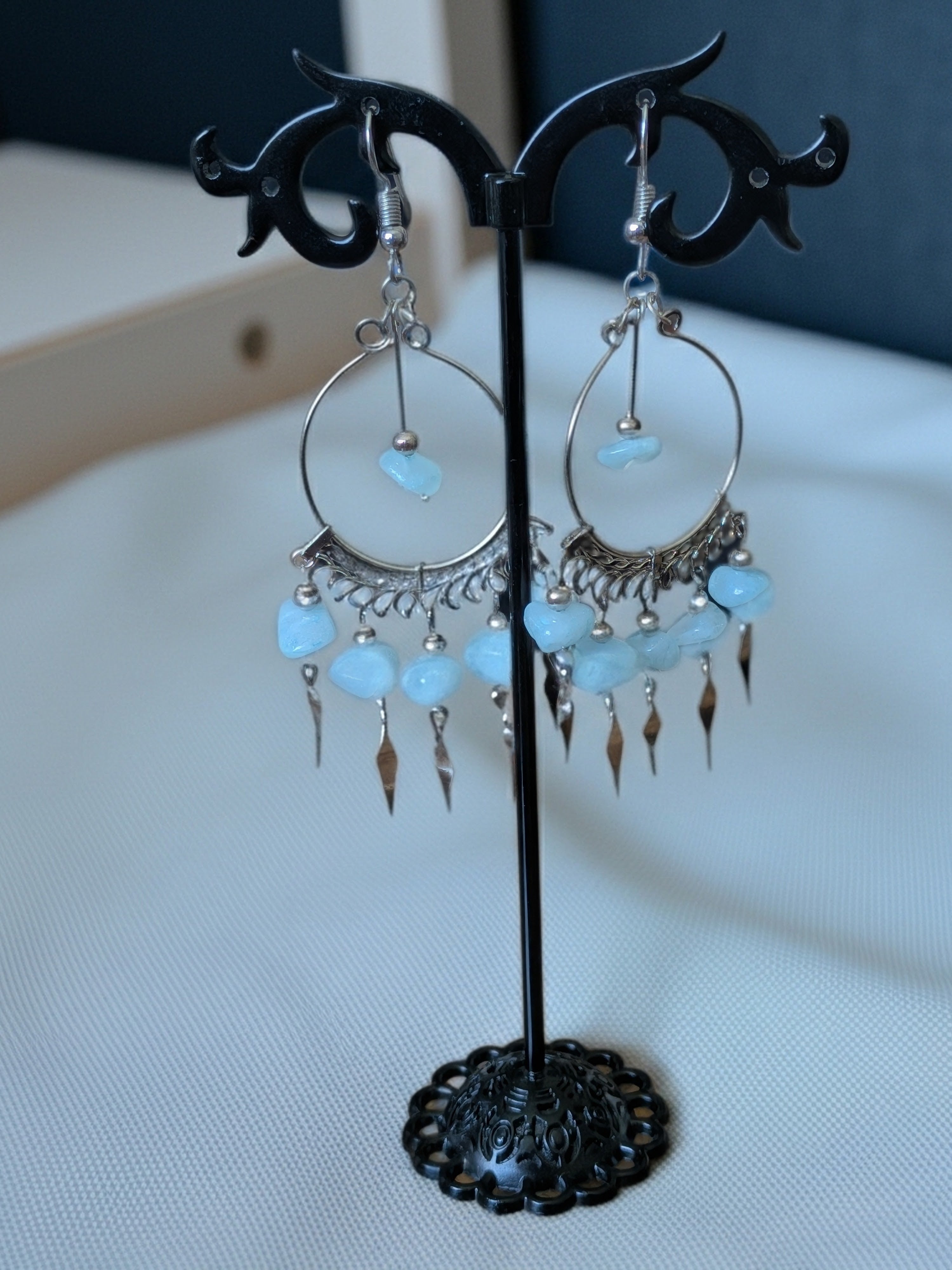 Chip Stone and Silver Metal Chandelier Earrings