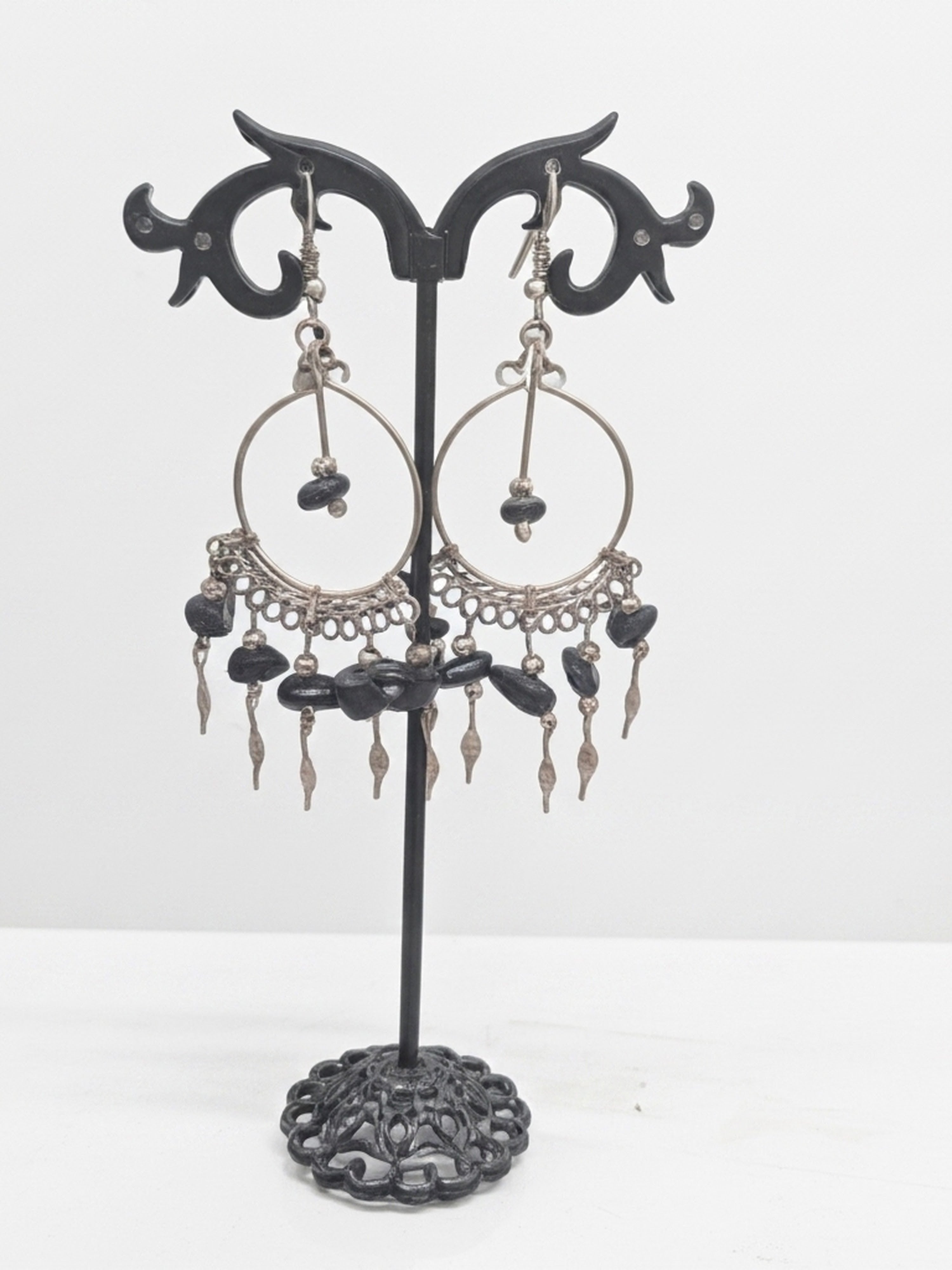 Chip Stone and Silver Metal Chandelier Earrings