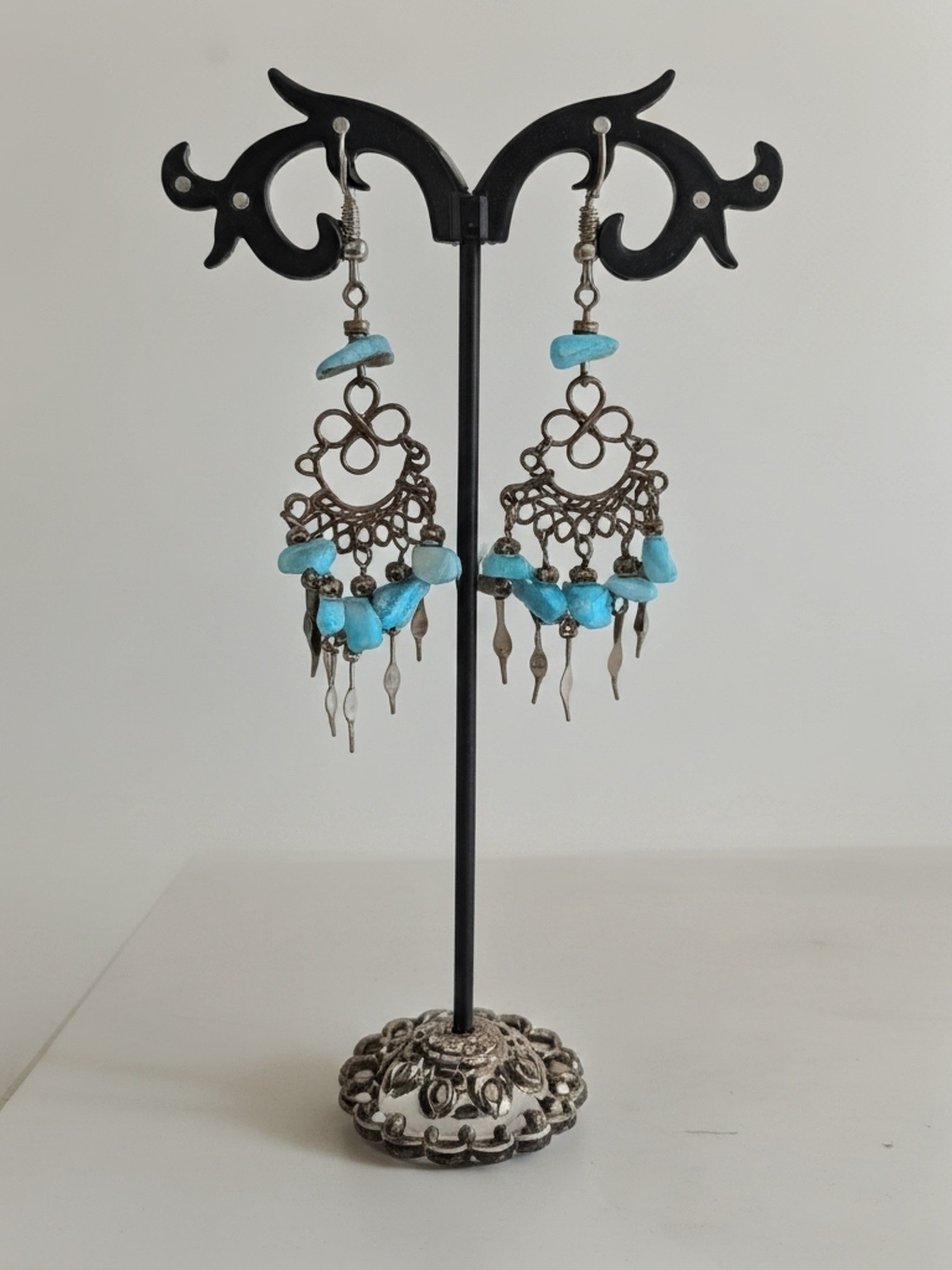 Chip Stone and Silver Metal Chandelier Earrings
