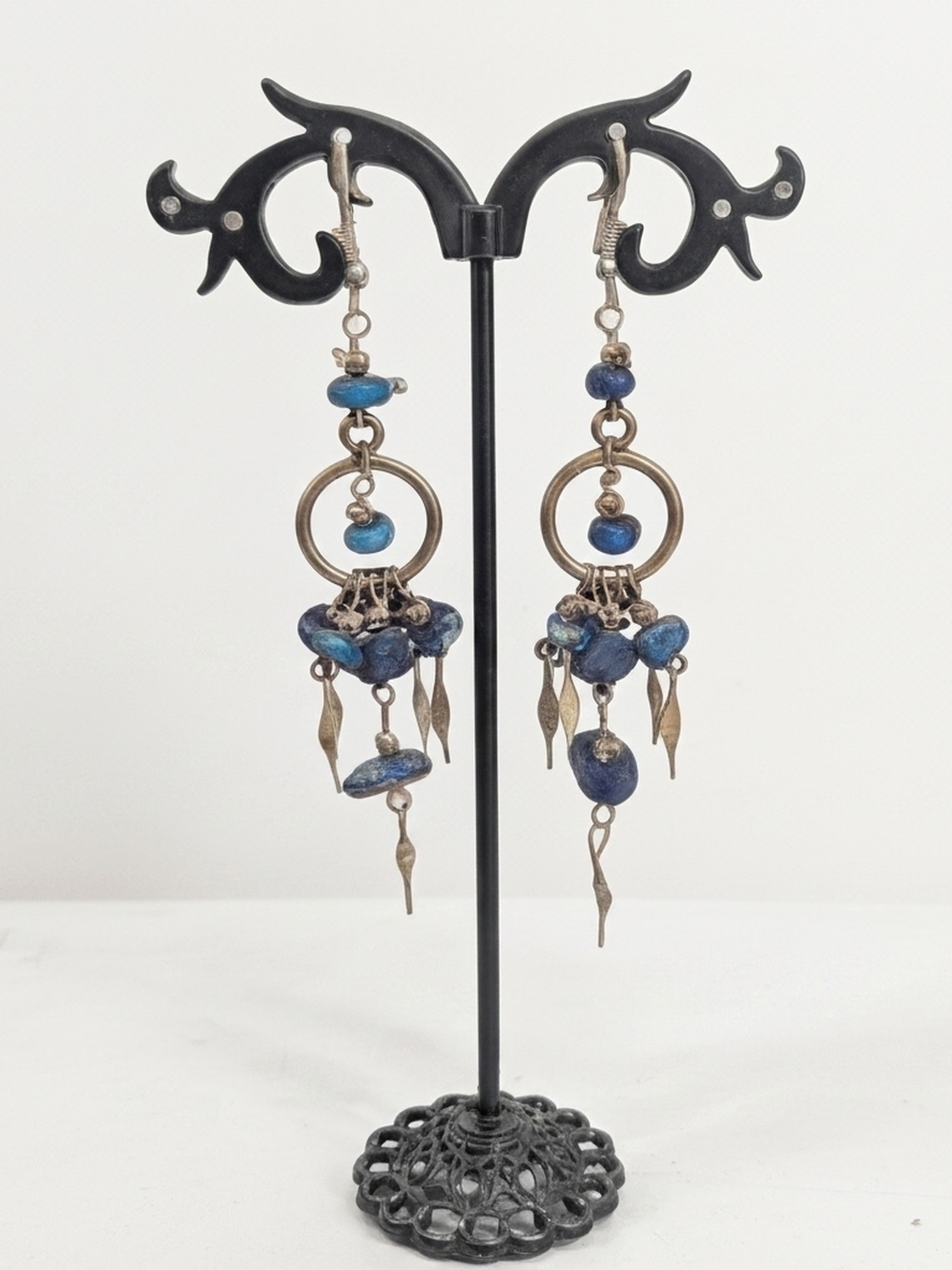 Chip Stone and Silver Metal Chandelier Earrings