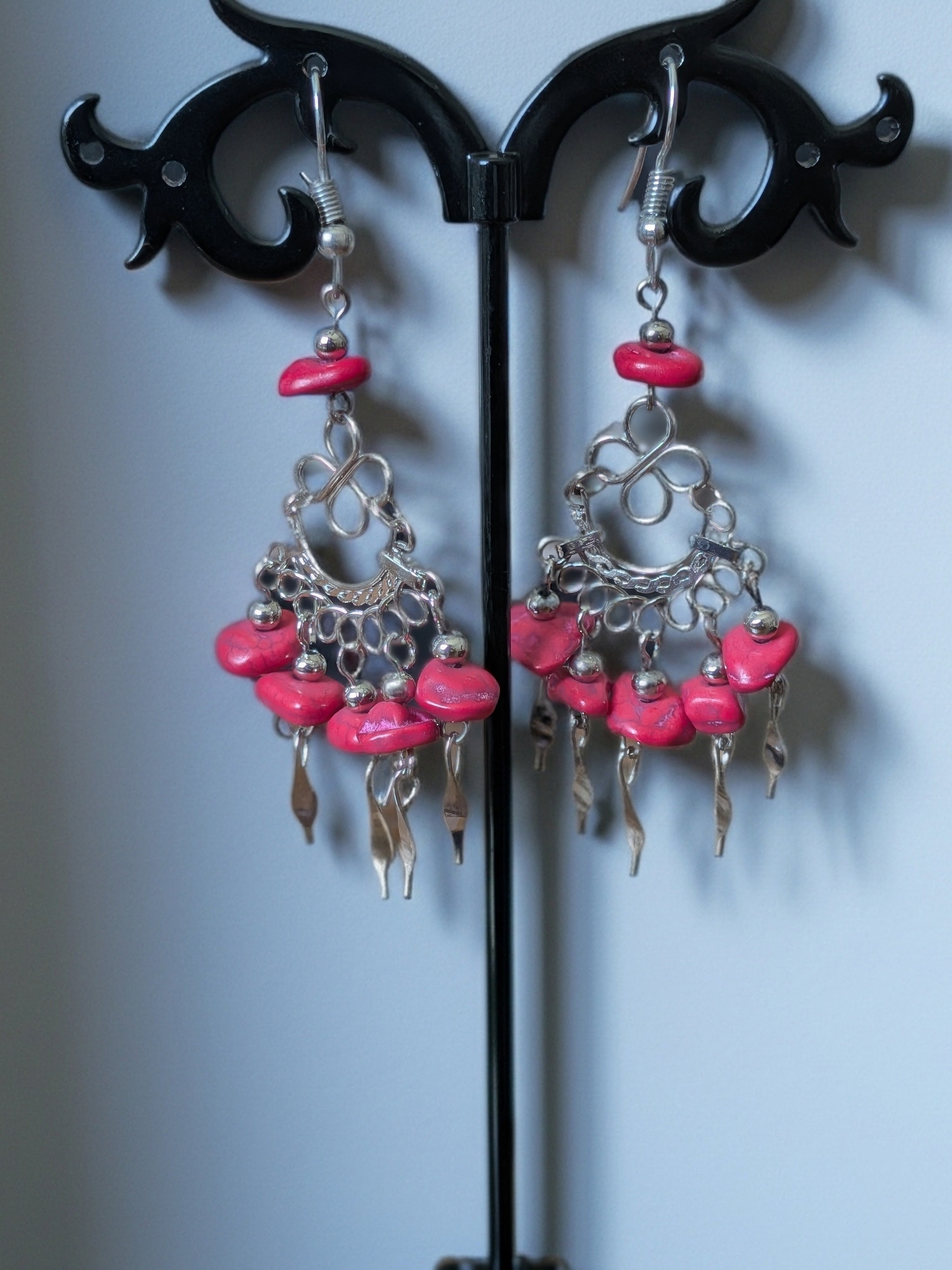 Chip Stone and Silver Metal Chandelier Earrings