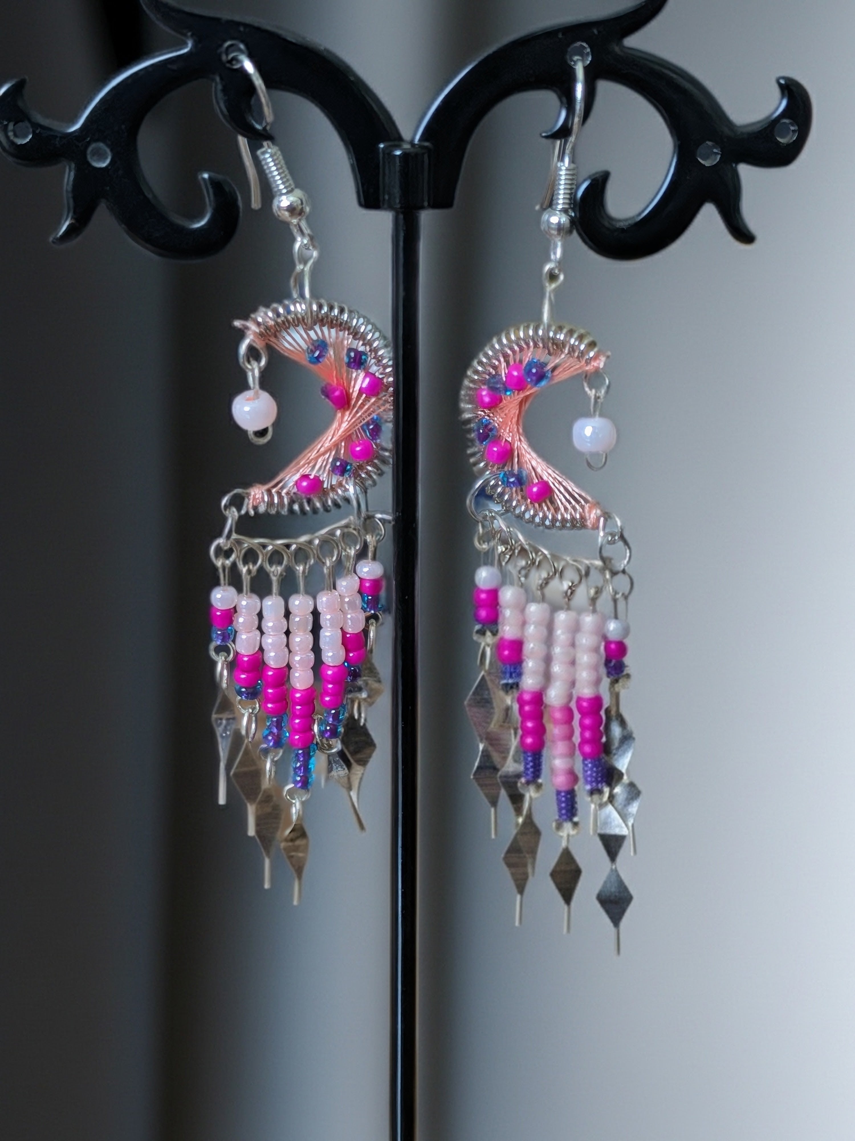 Thread Crescent Moon Long Beaded Metal Dangle Earrings