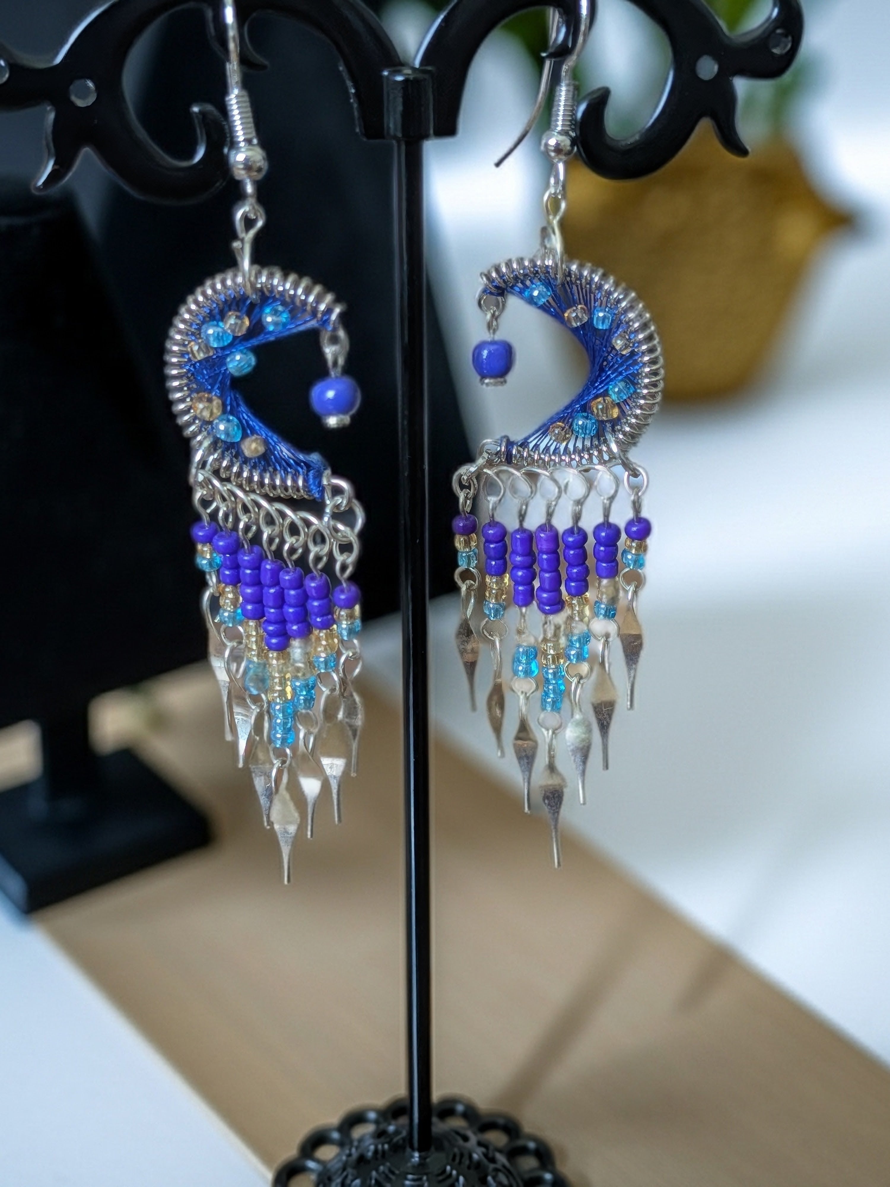 Thread Crescent Moon Long Beaded Metal Dangle Earrings