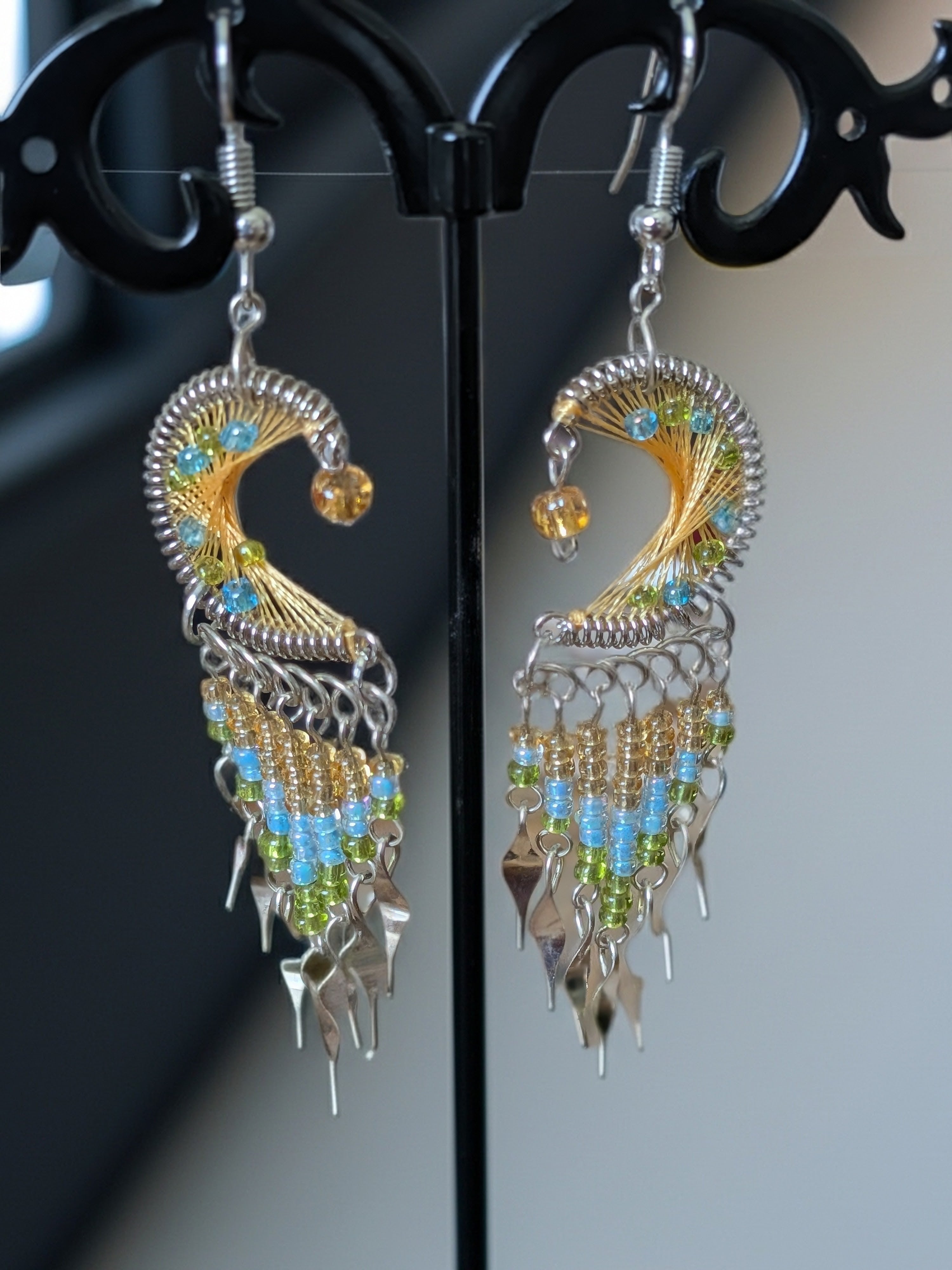 Thread Crescent Moon Long Beaded Metal Dangle Earrings