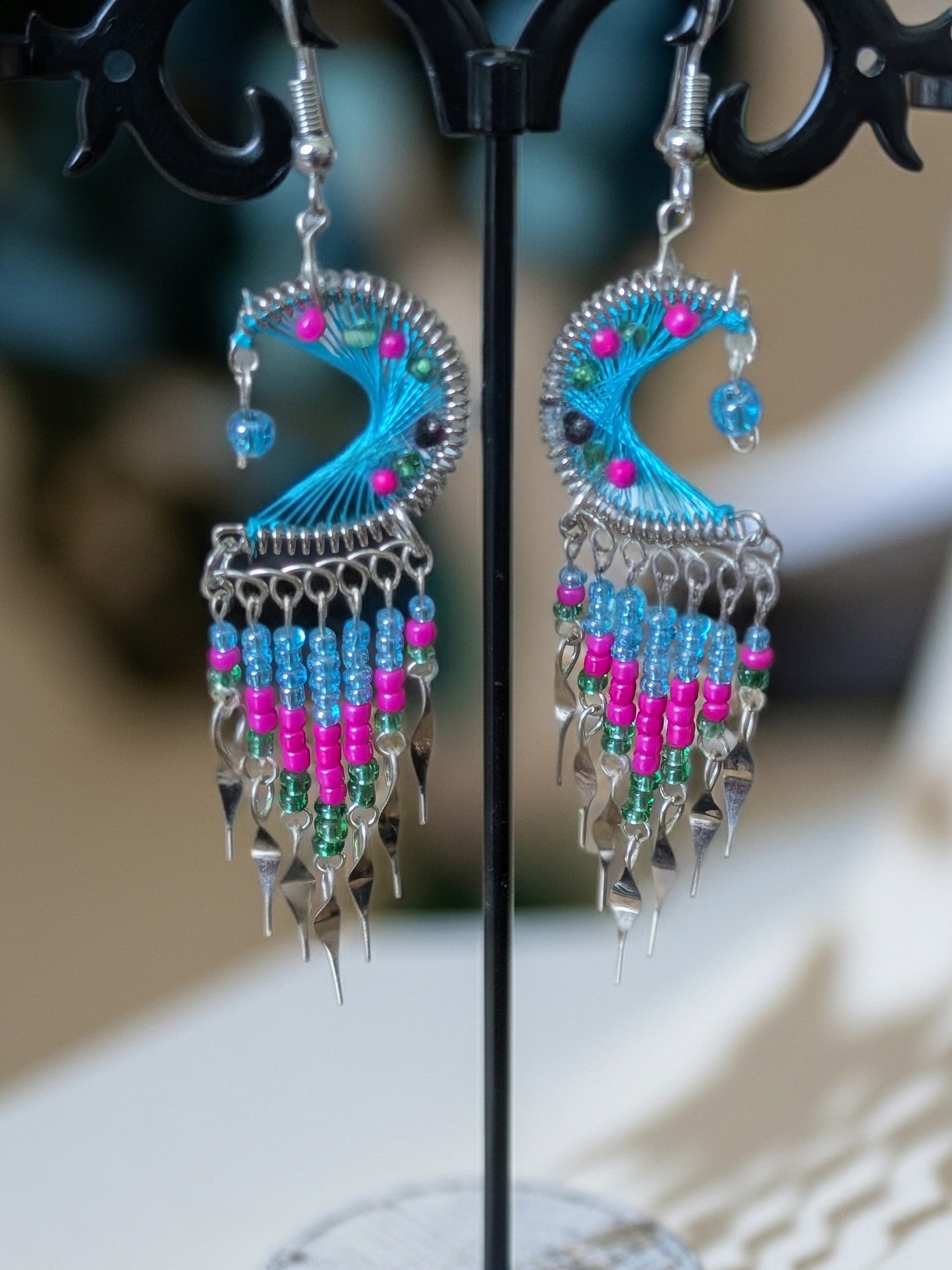 Thread Crescent Moon Long Beaded Metal Dangle Earrings