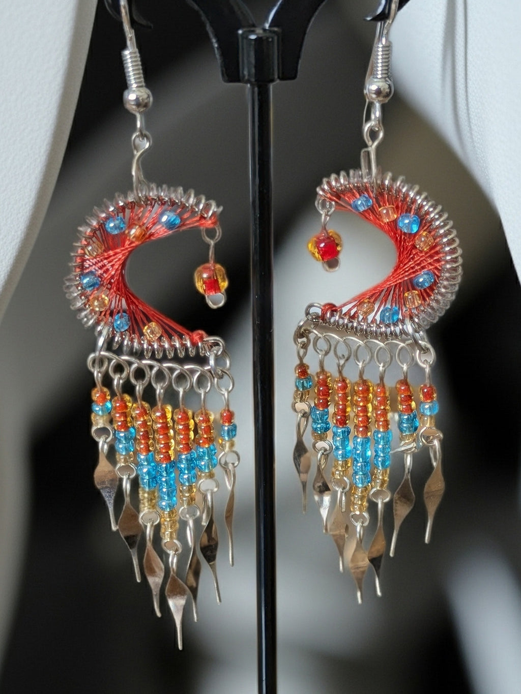 Thread Crescent Moon Long Beaded Metal Dangle Earrings