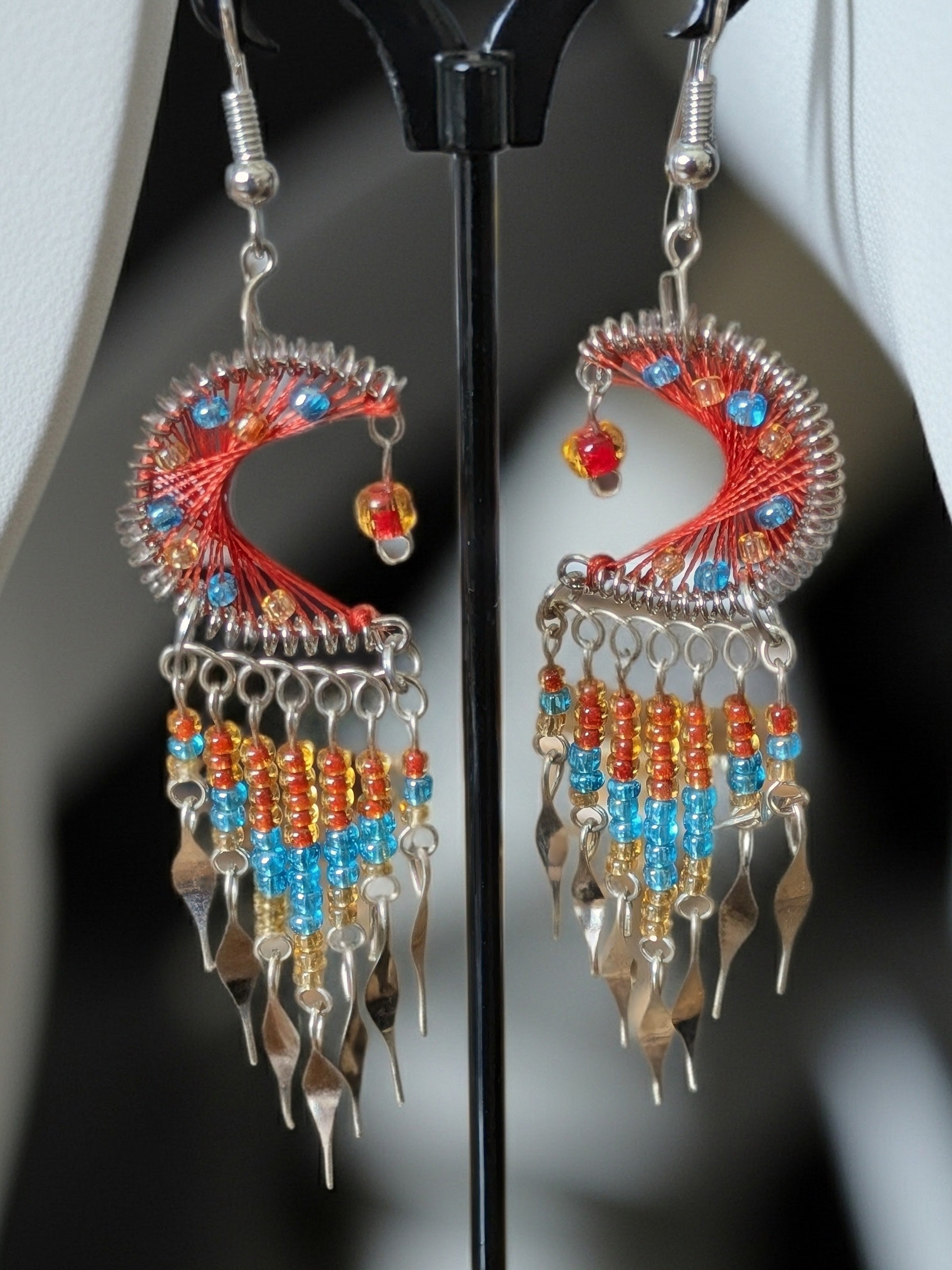 Thread Crescent Moon Long Beaded Metal Dangle Earrings