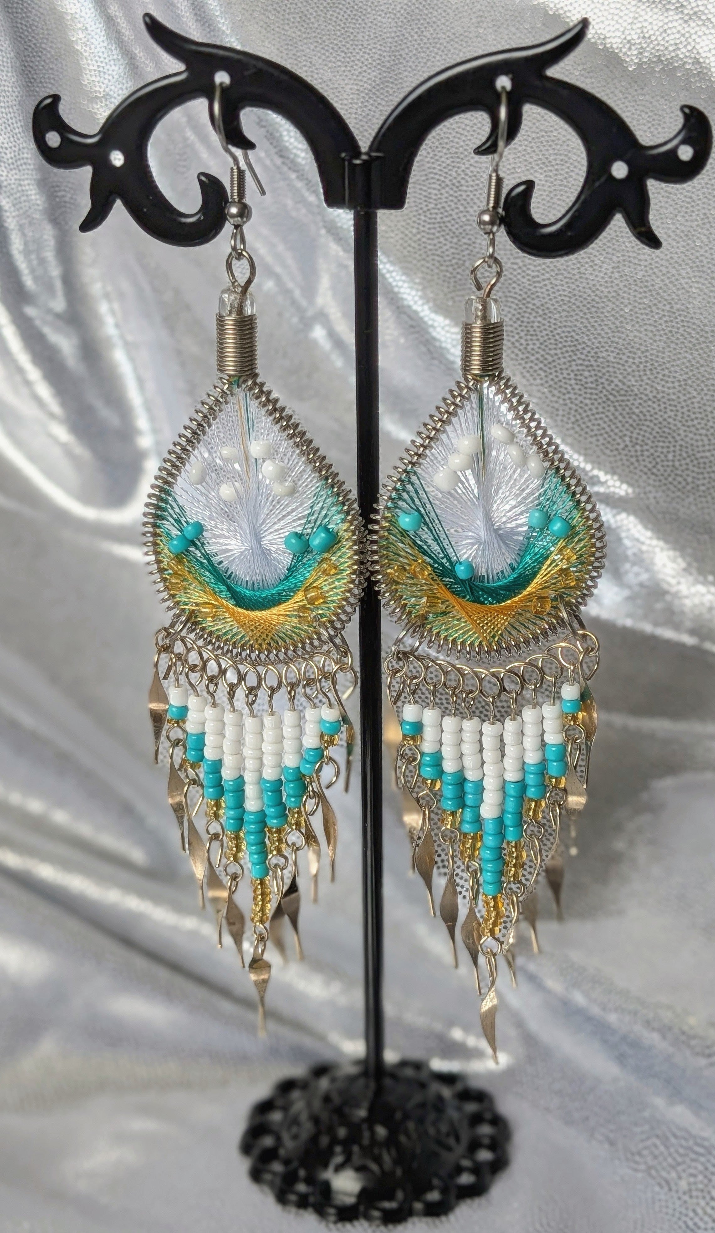 Large Beaded Thread Teardrop Dangle Earrings