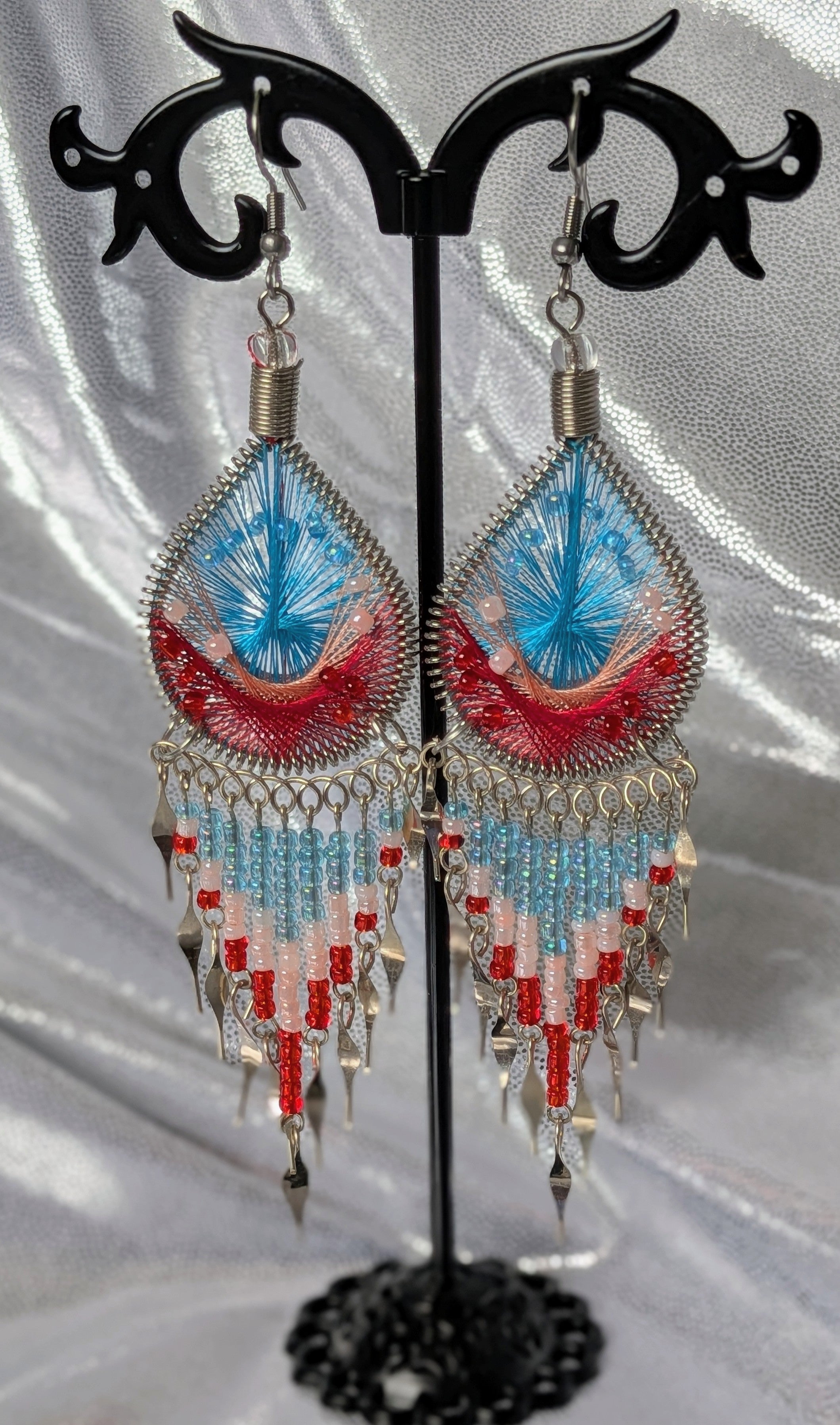 Large Beaded Thread Teardrop Dangle Earrings