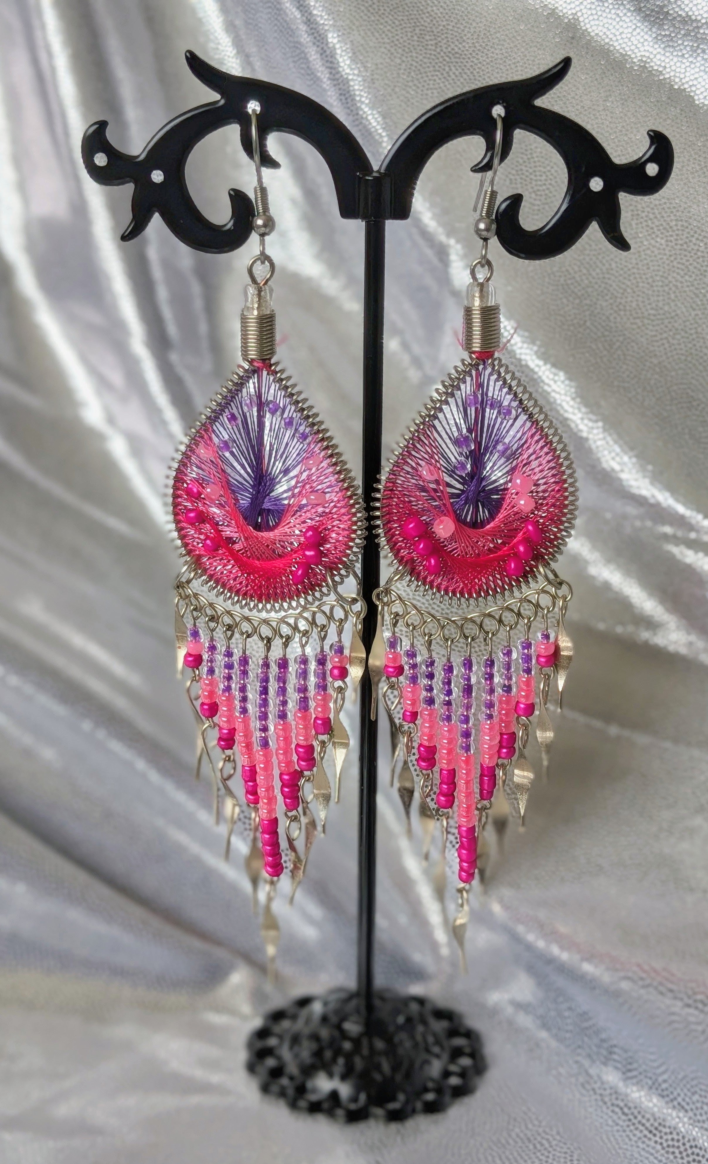 Large Beaded Thread Teardrop Dangle Earrings