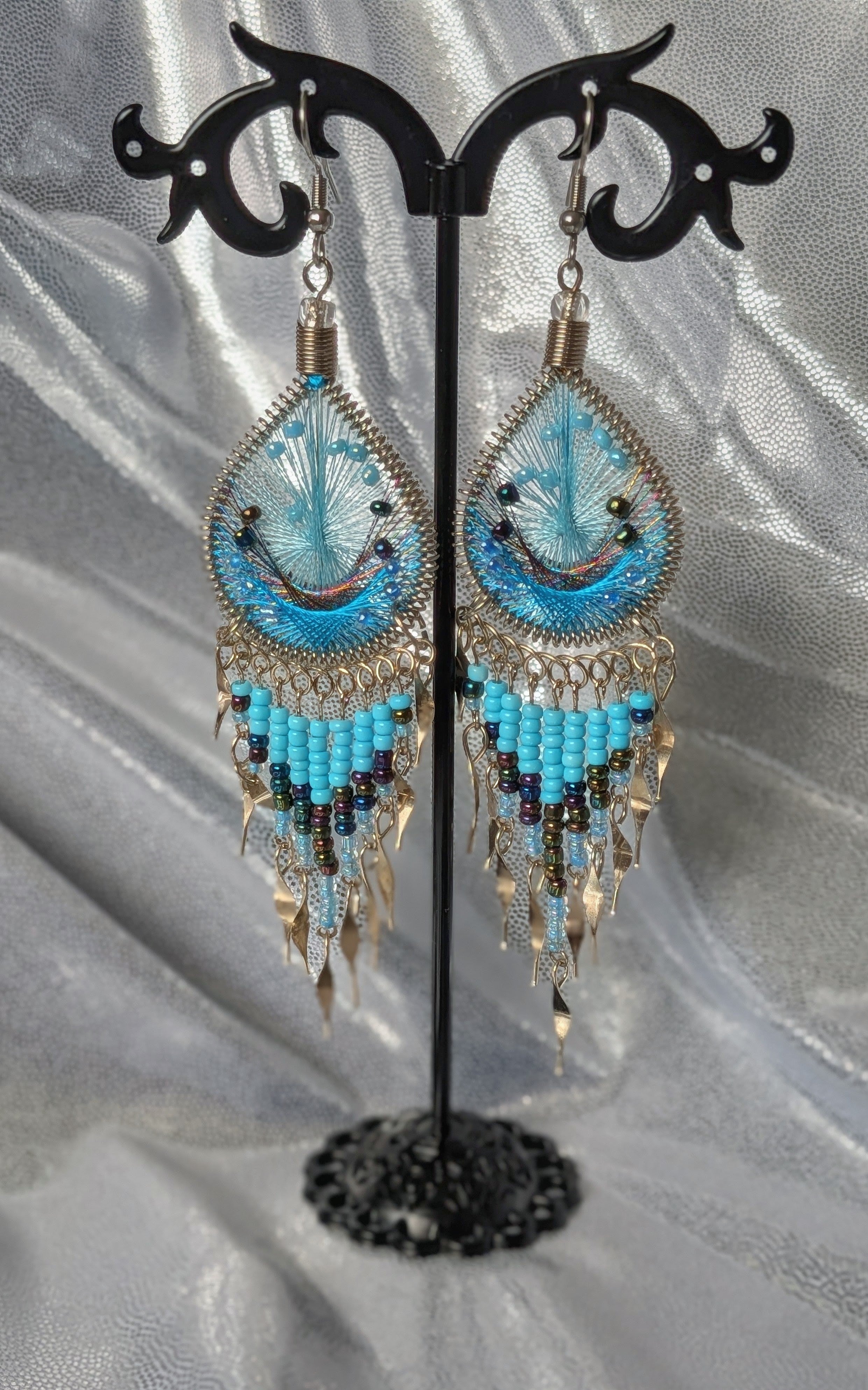 Large Beaded Thread Teardrop Dangle Earrings