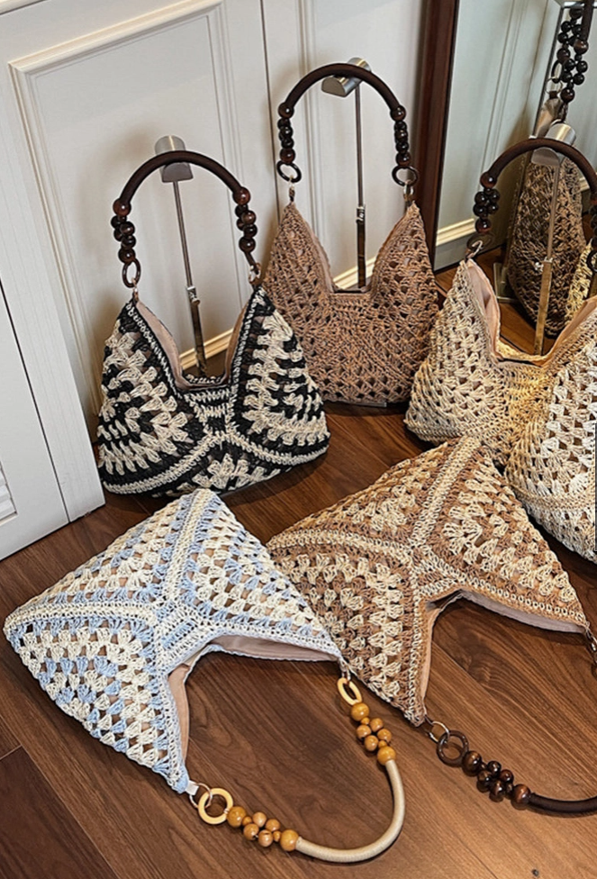 Crochet Patterned Handbag — Black