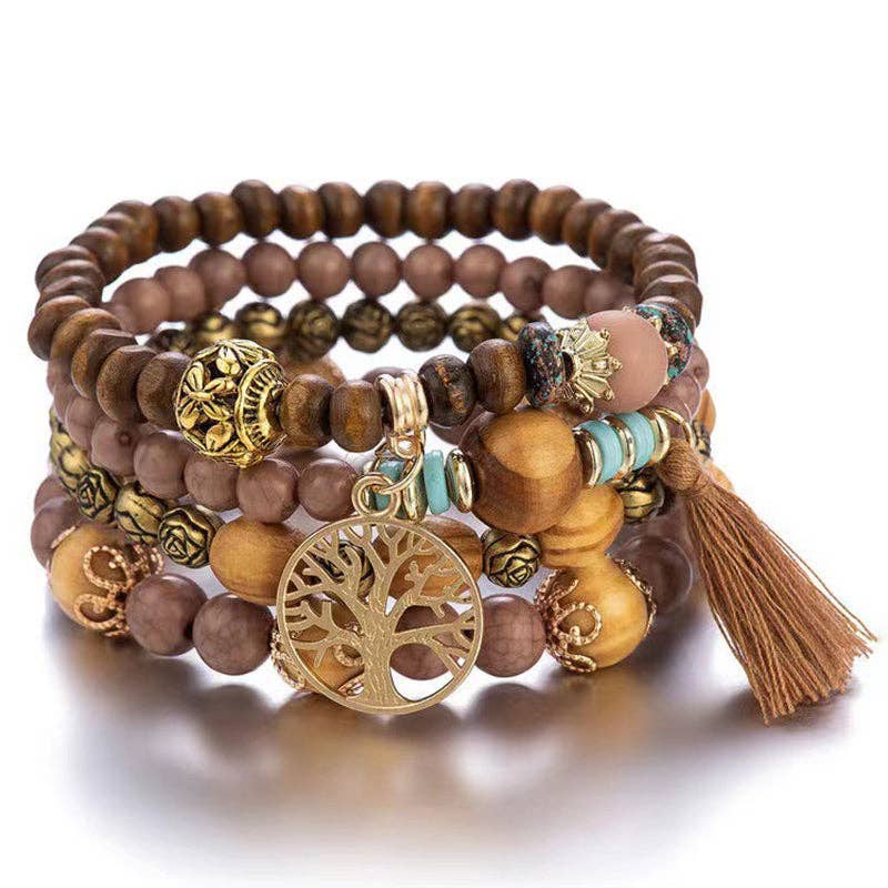 Bohemian Charm Beaded Bracelet Set — Coffee Brown