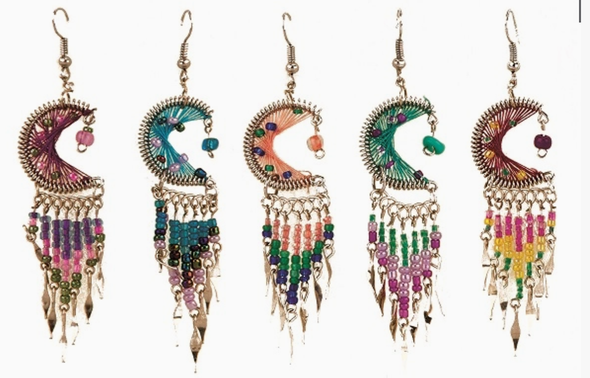 Thread Crescent Moon Long Beaded Metal Dangle Earrings