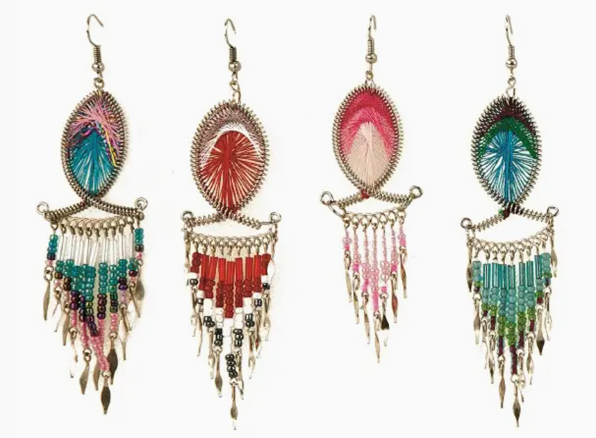 Large Threaded Long Beaded Metal Dangle Earrings