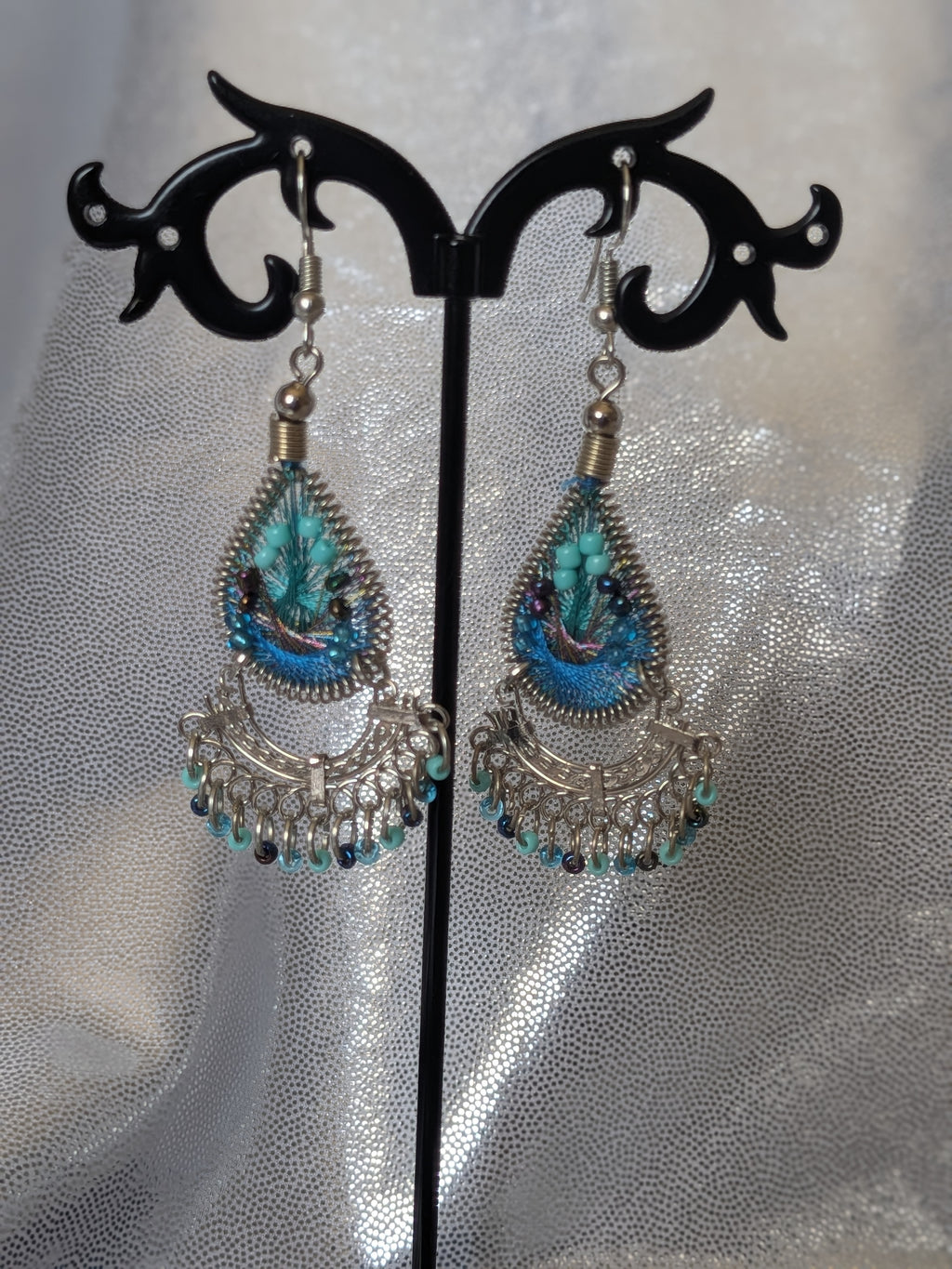Thread Beaded Teardrop Short Fan Metal Dangle Earrings