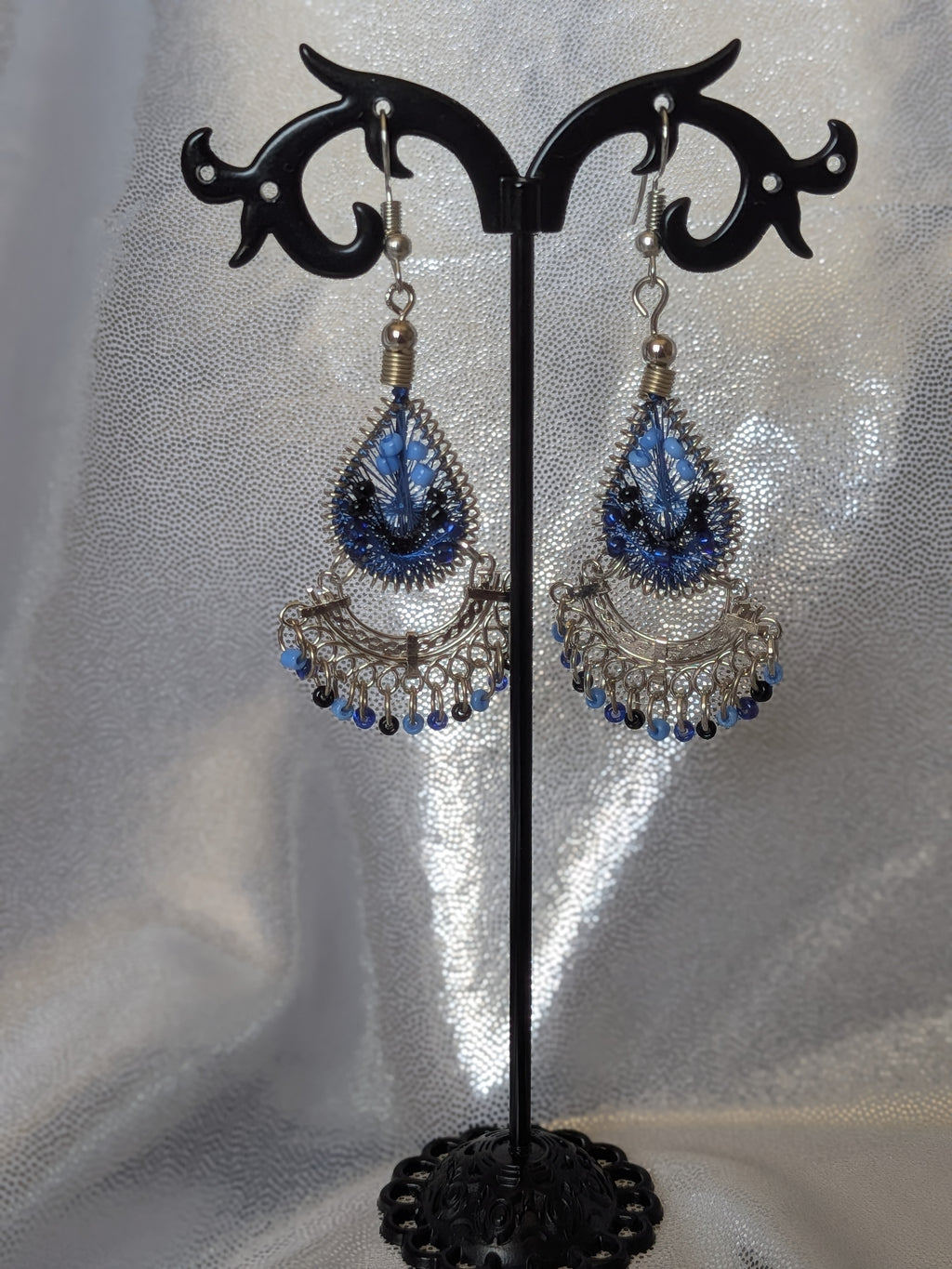 Thread Beaded Teardrop Short Fan Metal Dangle Earrings