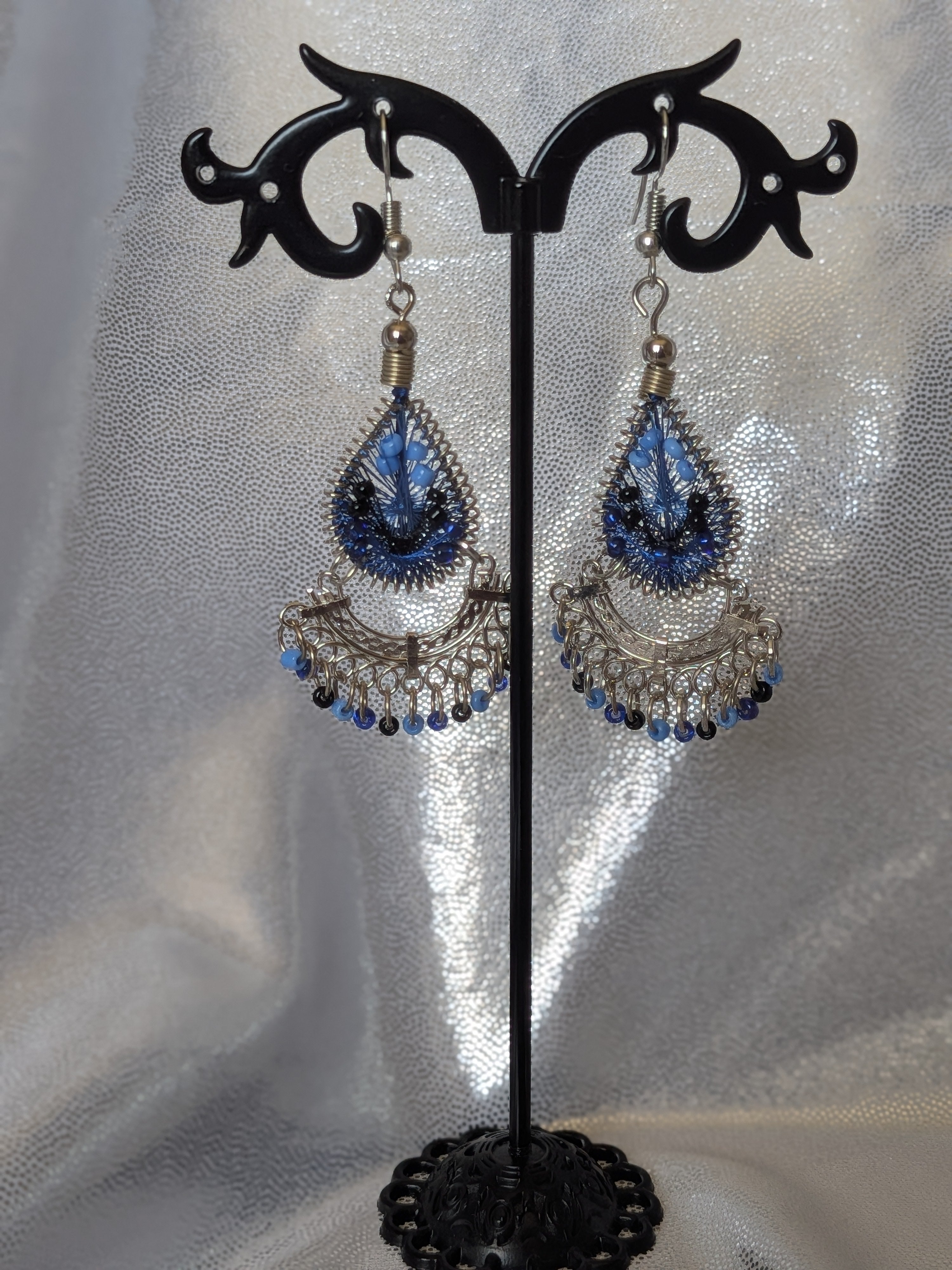 Thread Beaded Teardrop Short Fan Metal Dangle Earrings