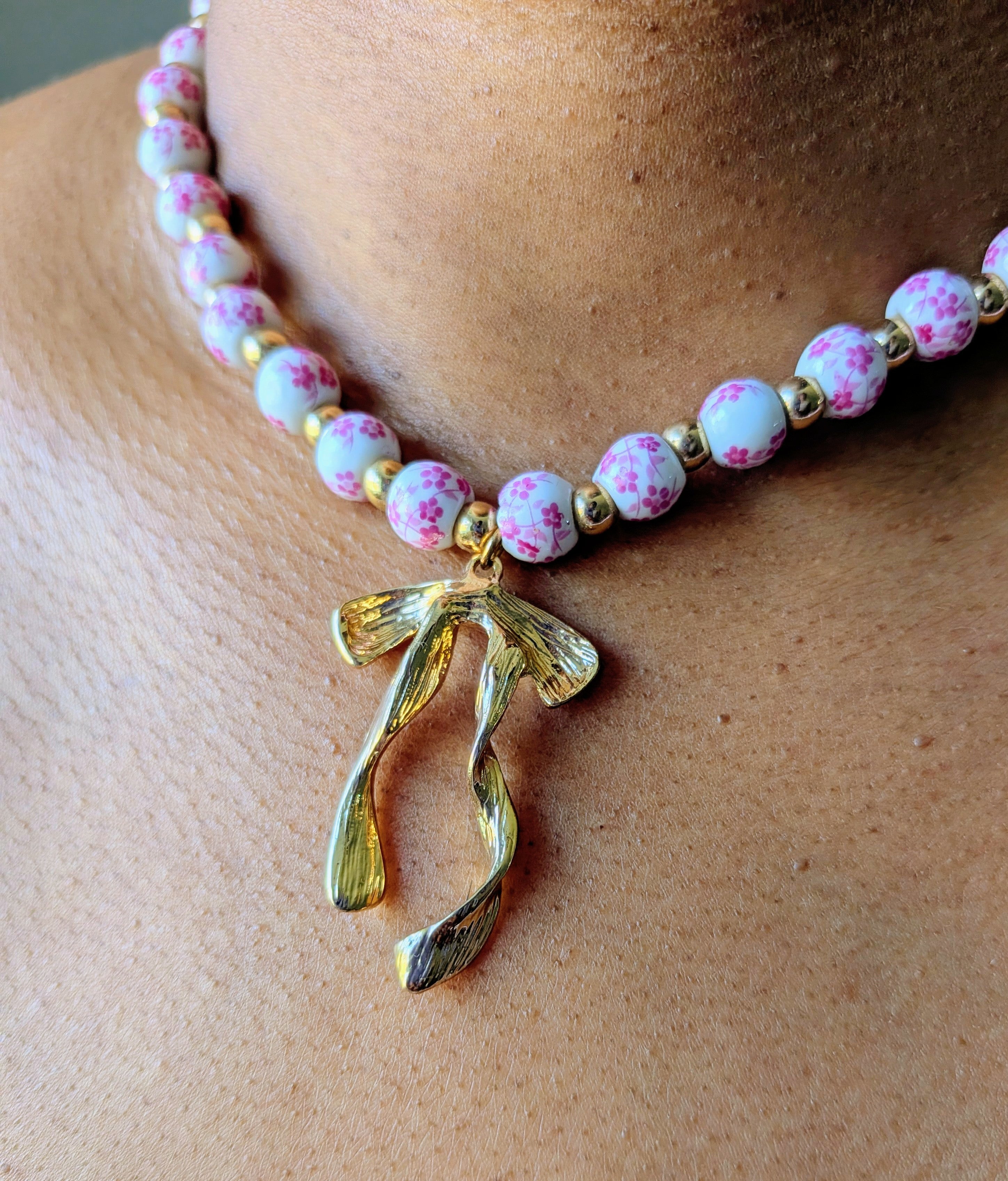 Pink Beaded Bowtie Necklace
