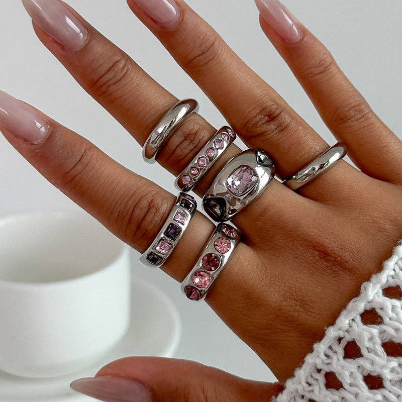 Pink Crystal Statement Rings Set